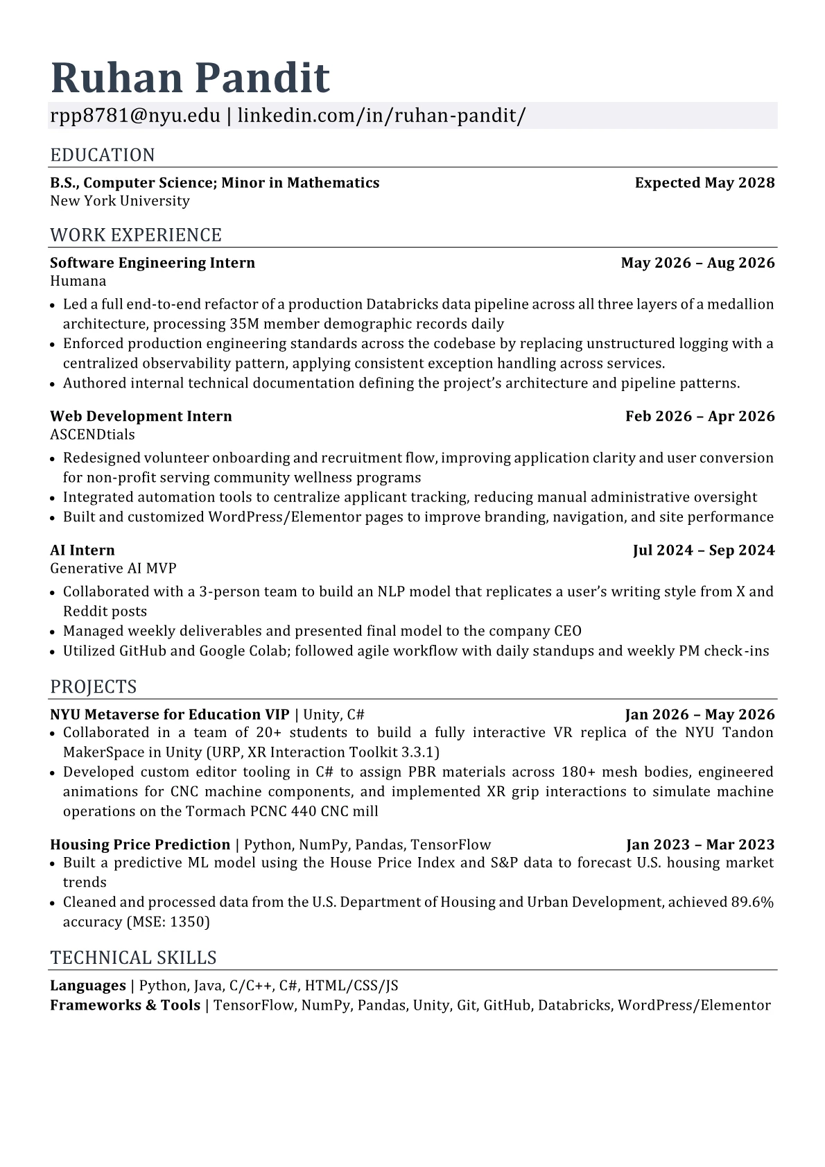Resume of Ruhan Pandit, page 1